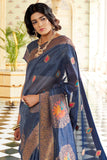 Navy blue woven chanderi - banarasi fusion saree - Buy online on Karagiri - Free shipping to USA