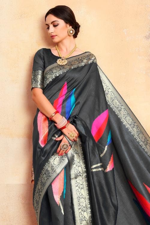 Banarasi - Chanderi Saree Pebble Black Banarasi - Chanderi Saree saree online