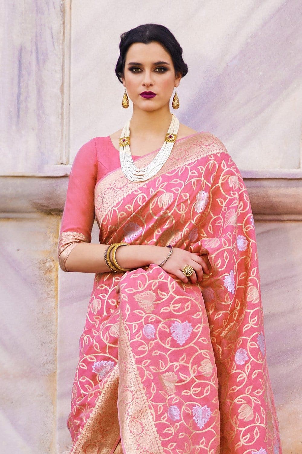 Banarasi - Chanderi Saree Rose Pink Zari Woven Banarasi Chanderi Saree saree online