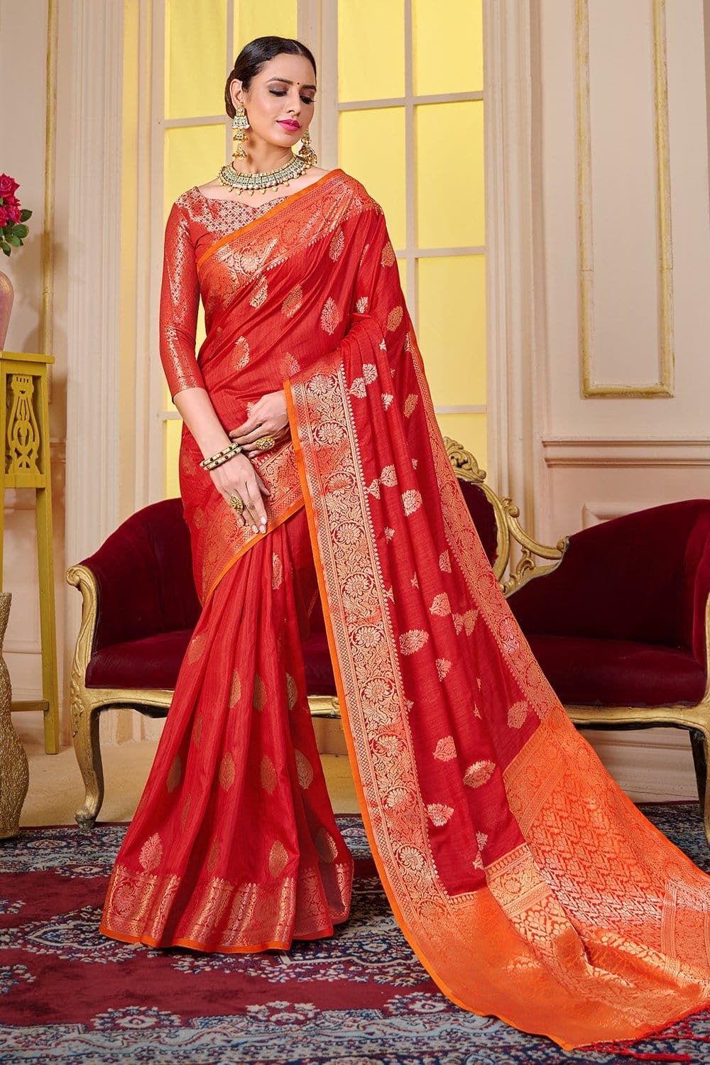 Red Handloom Chanderi Saree|Buy Chanderi Saree Online|Jhakhas