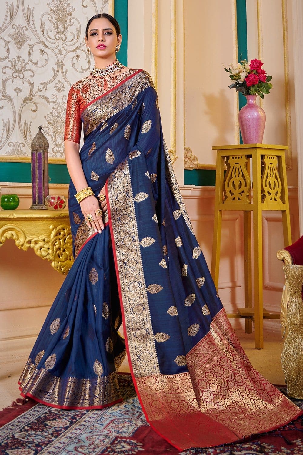 Dream Deals Party Wear Gorgeous Royal Blue Saree With Banglori Silk Blouse