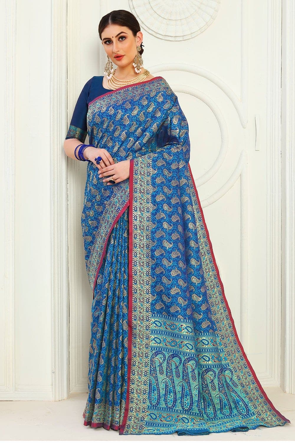 Sapphire Blue Printed Banarasi Chanderi Fusion Saree
