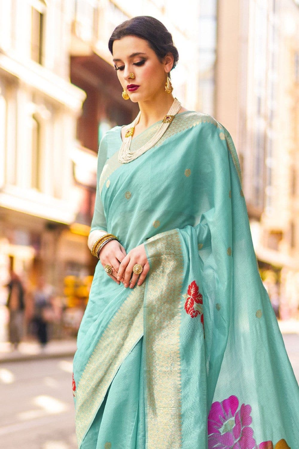 Sky Blue Zari Woven Banarasi Chanderi Saree