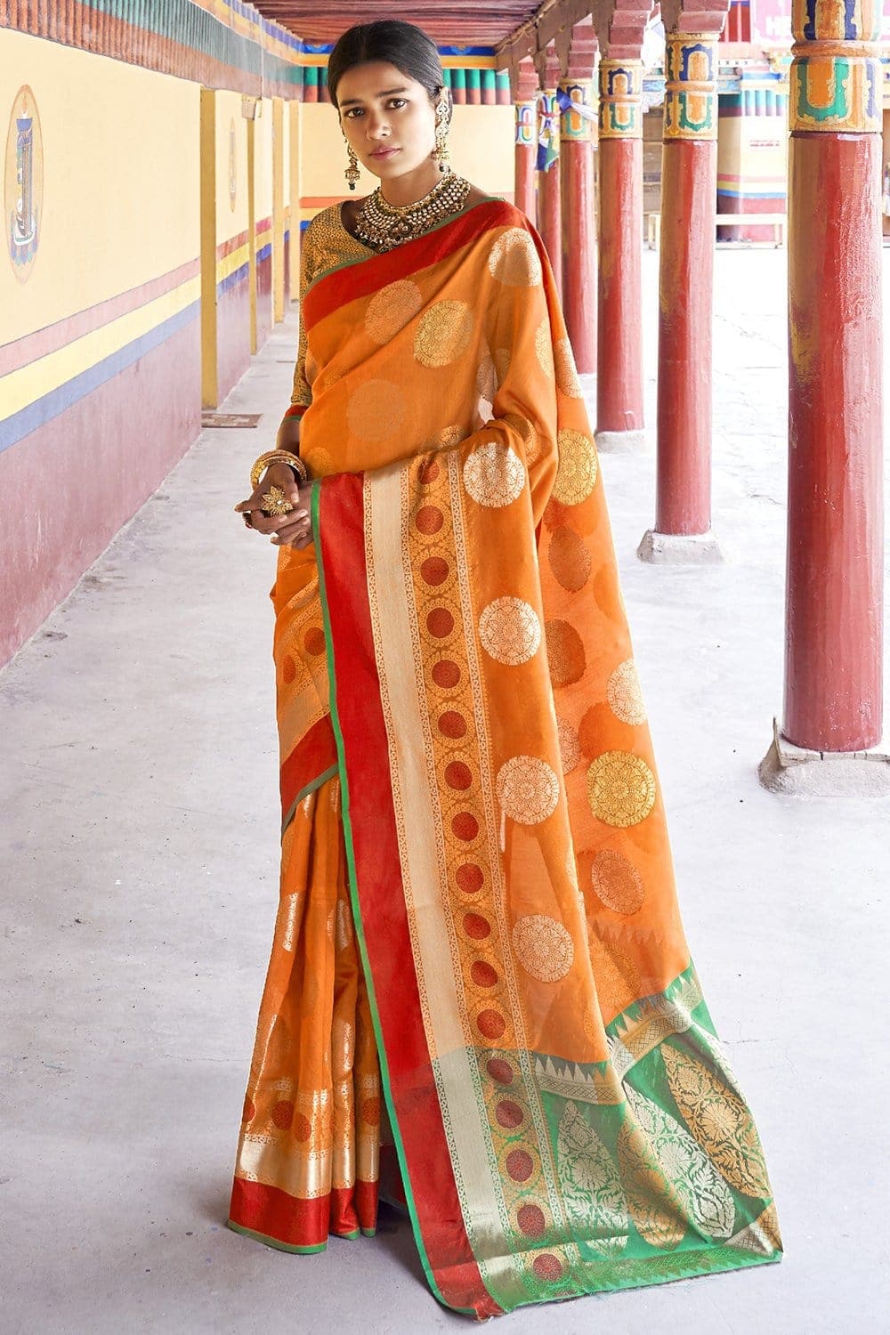 Banarasi - Chanderi Saree Tangerine Orange Woven Chanderi - Banarasi Fusion Saree saree online