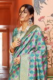 Teal Blue woven Chanderi - banarasi fusion saree - Buy online on Karagiri - Free shipping to USA