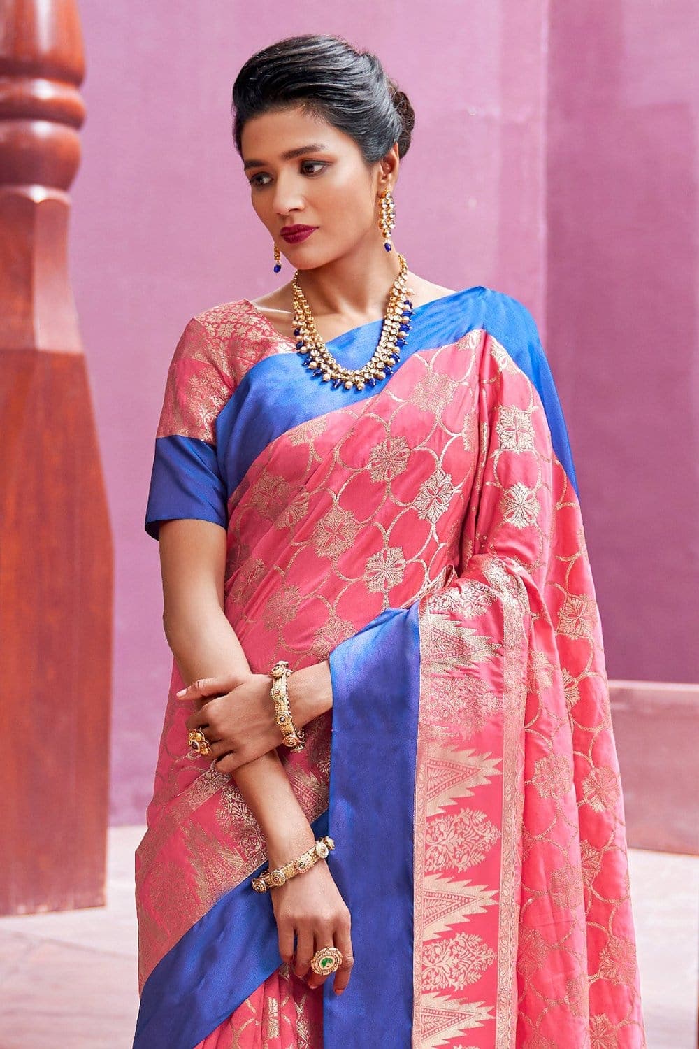 Watermelon Pink Woven Chanderi - Banarasi Fusion Saree