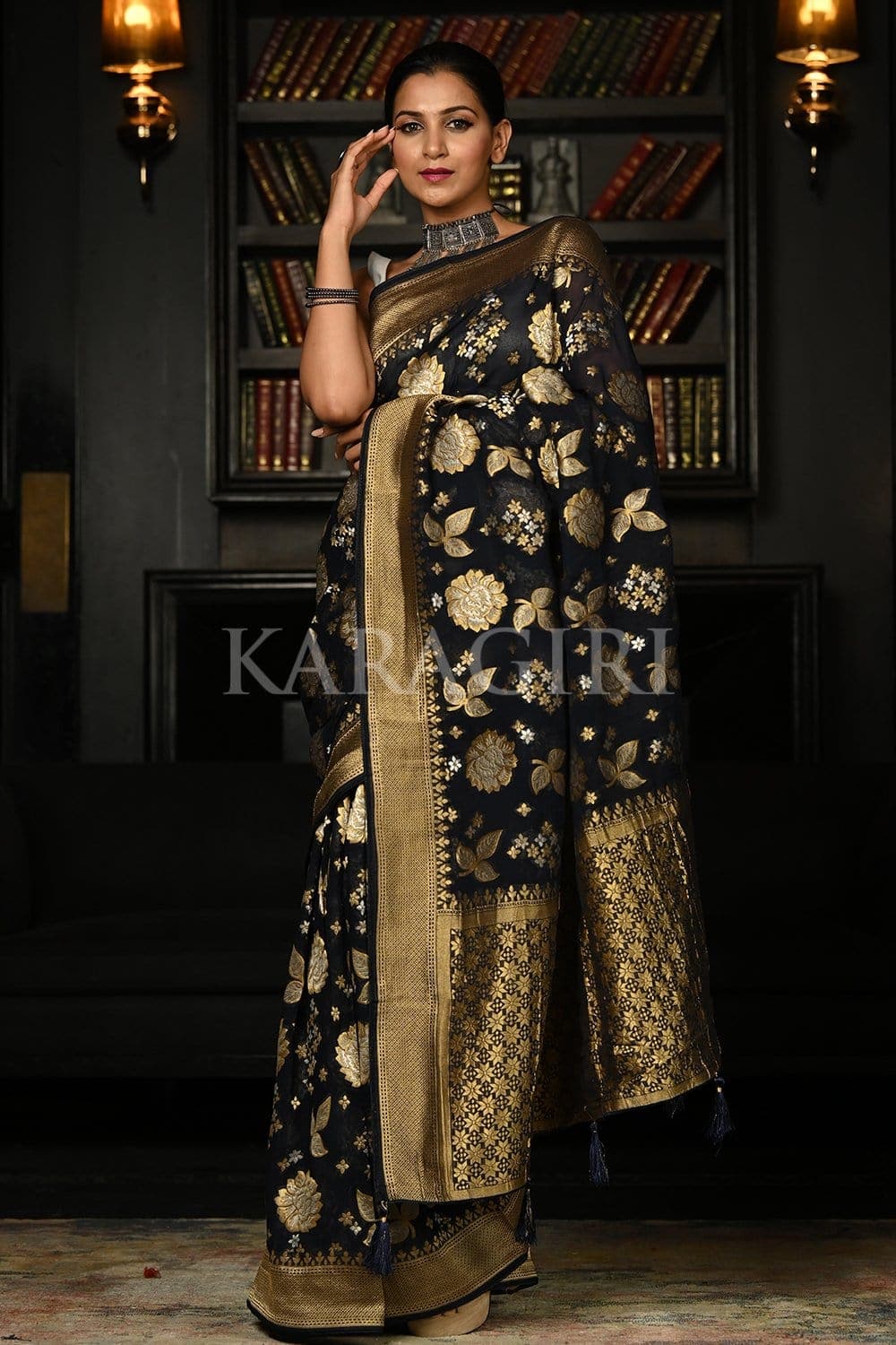 Pure banarasi georgette saree yellow and black with allover thread & zari  weaves and woven border at 1059000 by Prashanti – Prashanti Sarees