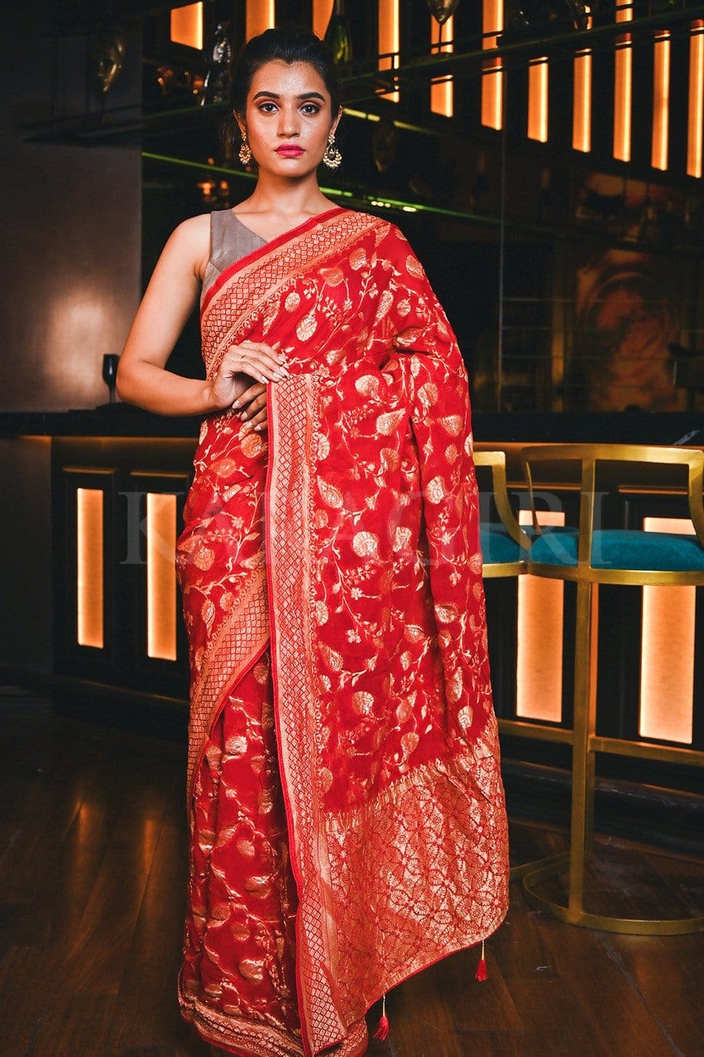 Red Banarasi Khaddi Georgette Saree - Aura Benaras