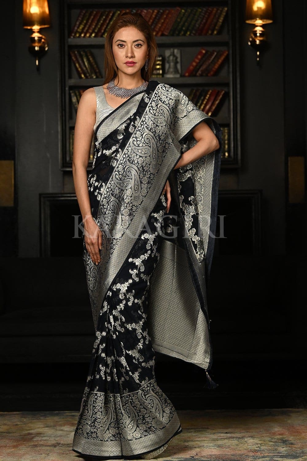 Black Shikargah Pure Katan Silk Handloom Banarasi Saree. Design by Devissha  at Pernia's Pop Up Shop 2024