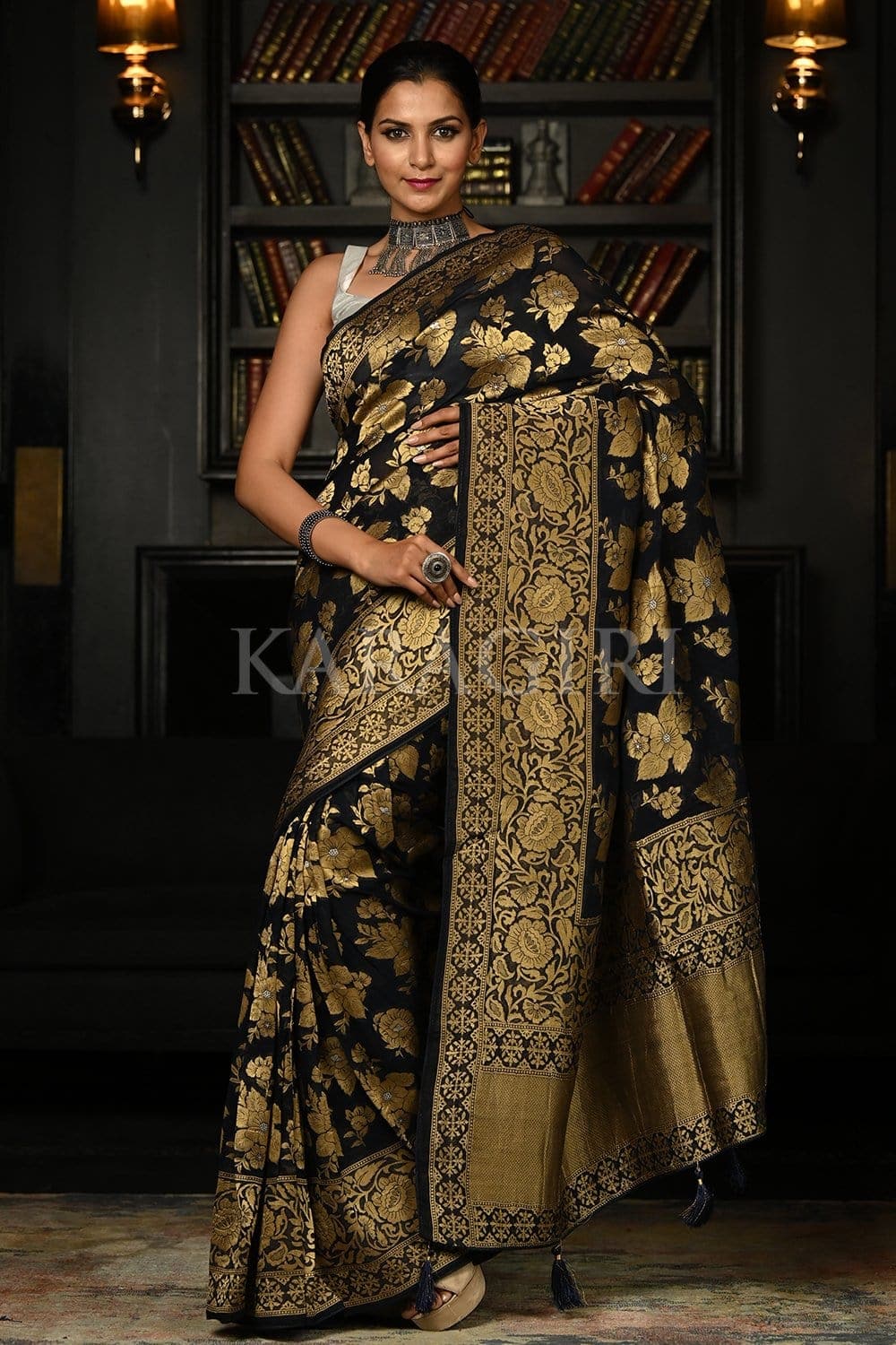 BLACK - GOLD embroidery net saree with blouse - SILONS DESIGNER SAREES -  373179