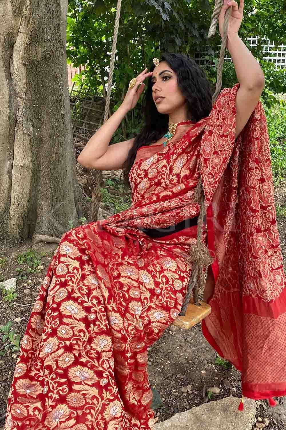 Royal Red Banarasi Semi Georgette Saree – Monamaar