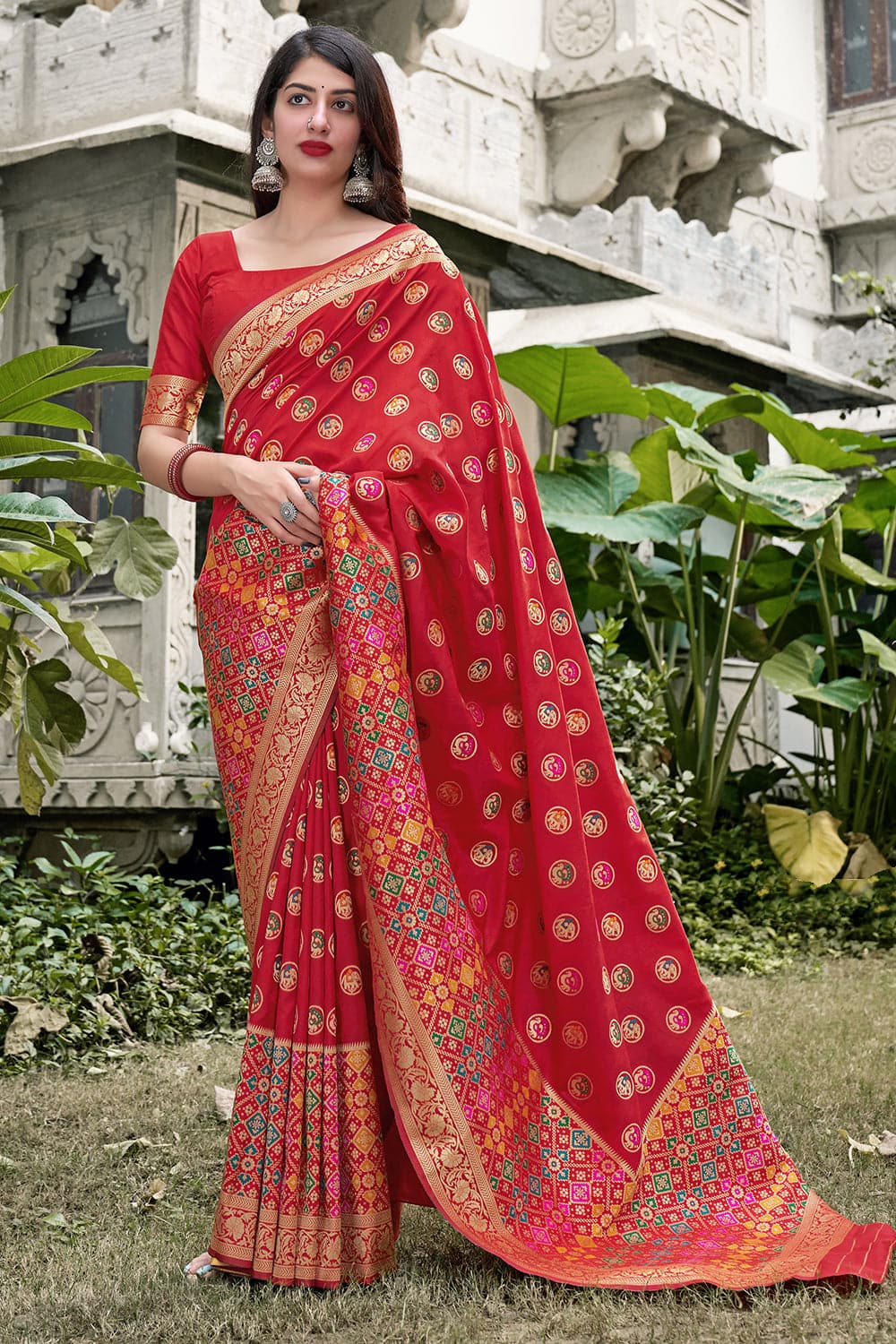 red saree, red banarasi saree