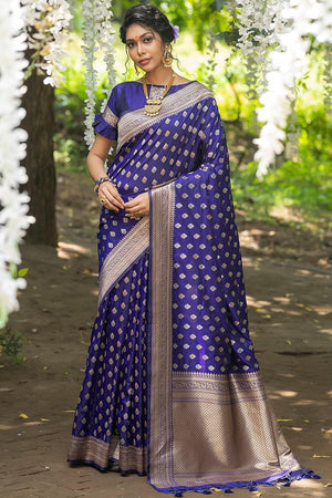 Blue Bridal Banarasi Silk Saree With Blouse