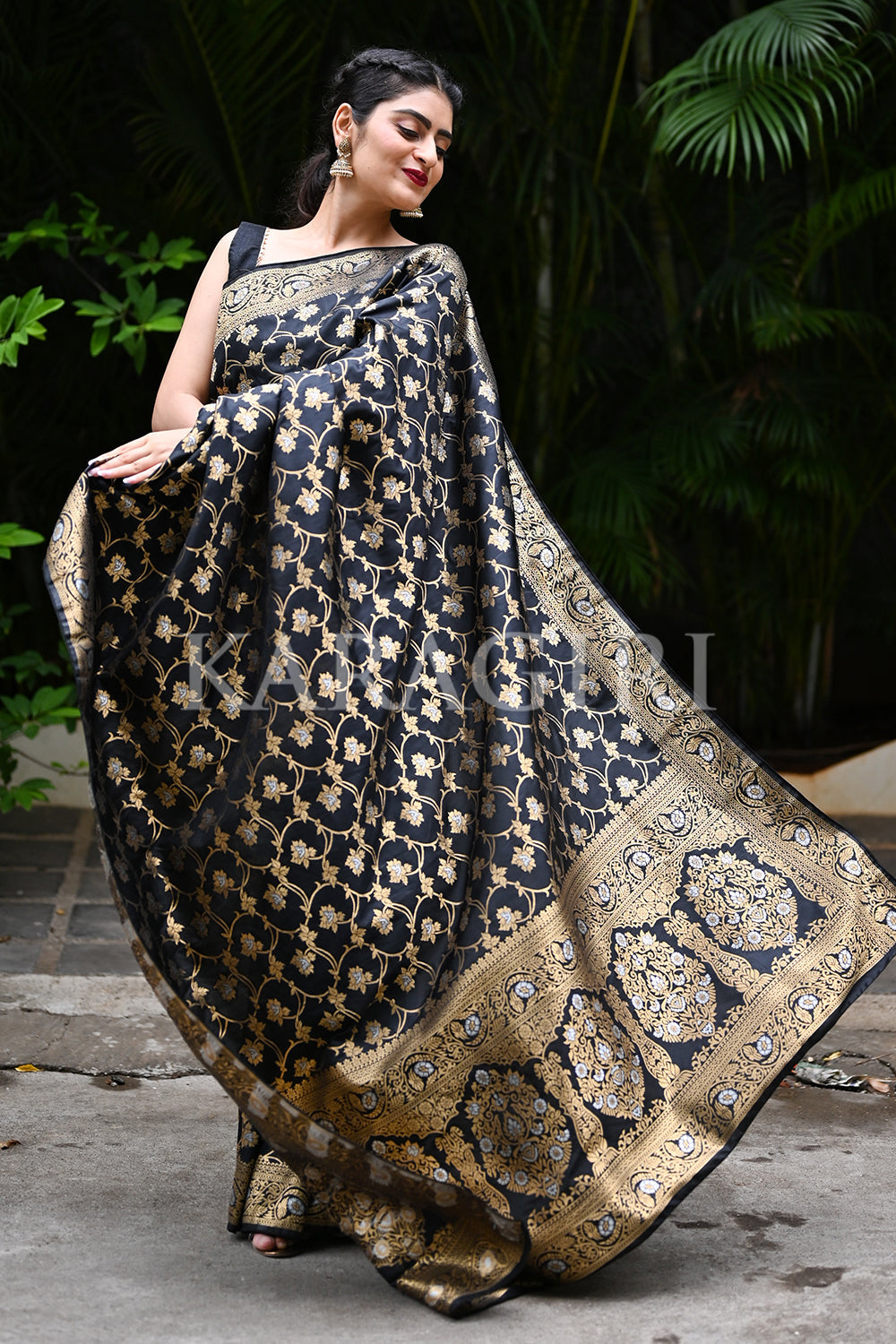 Buy light in weight and soft on the skin for comfort in summers designer banarasi  Black colour silk saree at wholesale rate from fab funda surat