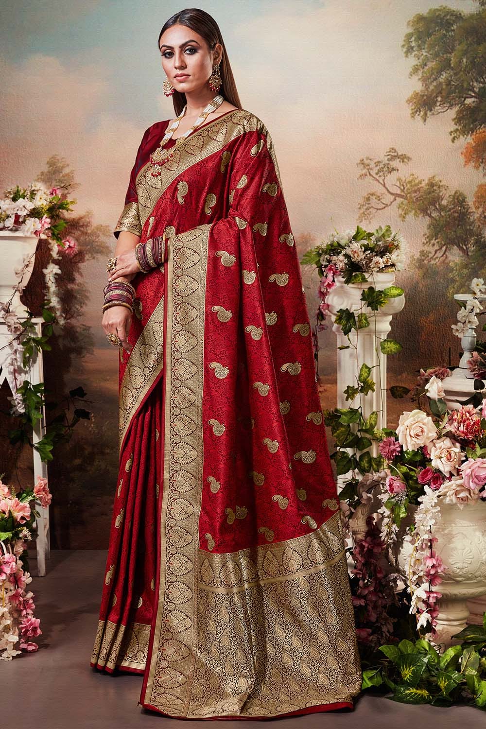 Banarasi Saree Apple Red Printed Banarasi Saree saree online