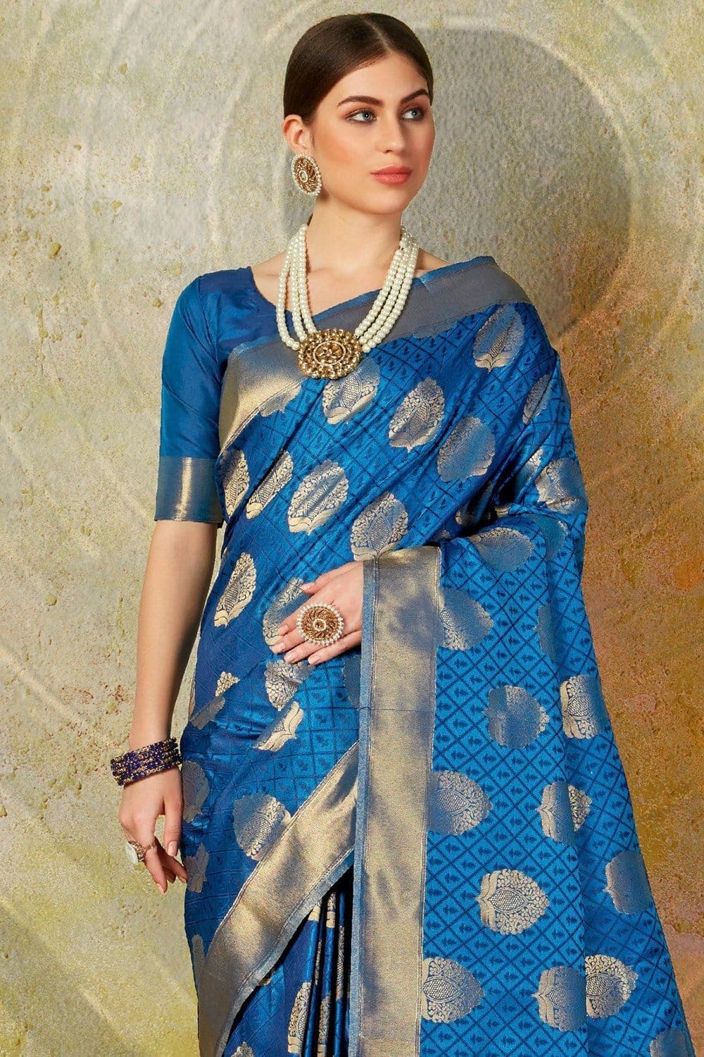 Azure blue woven banarasi brocade Saree - Buy online on Karagiri - Free shipping to USA
