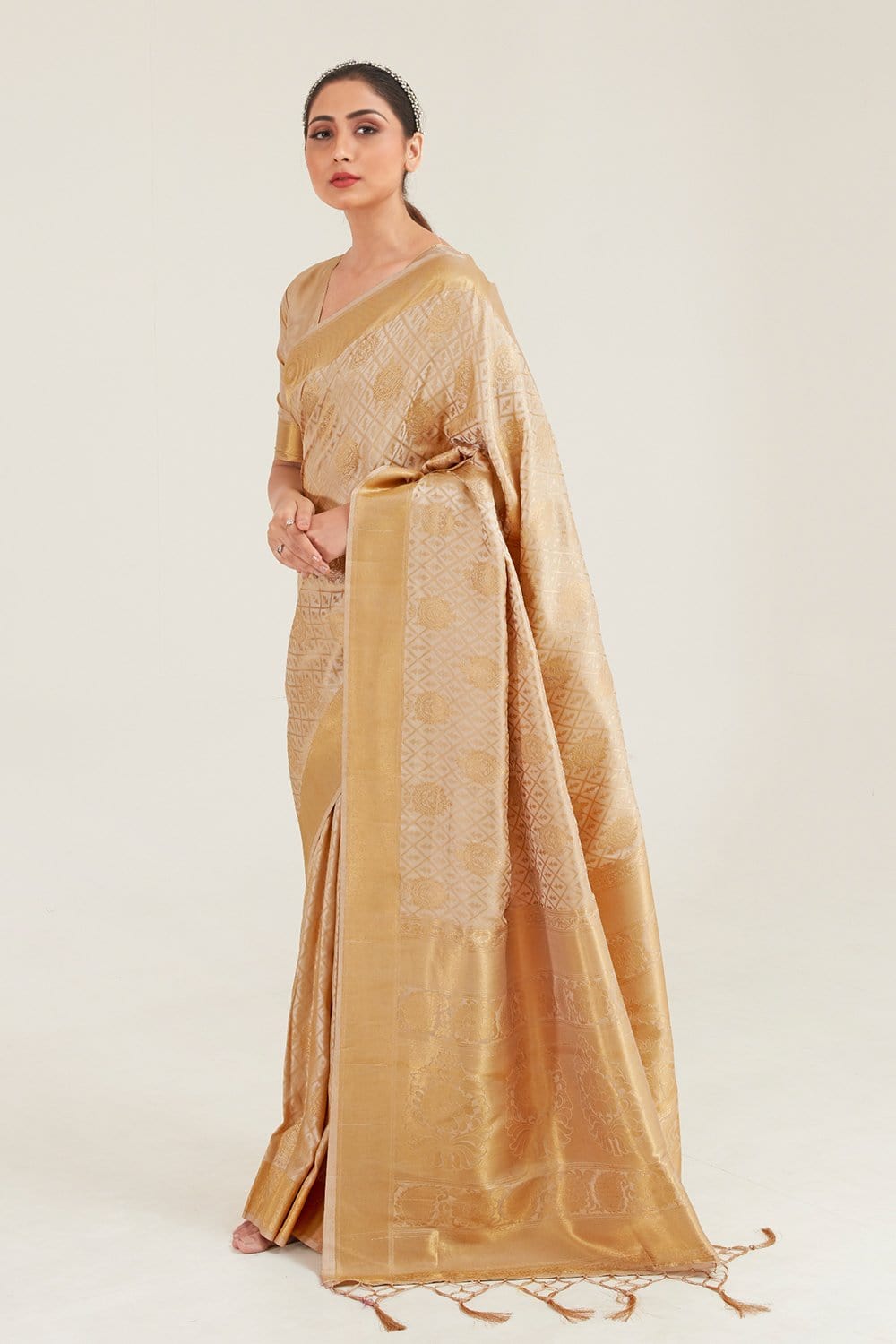 Buy Beige Gold Saree Only by I AM DESIGN at Ogaan Online Shopping Site