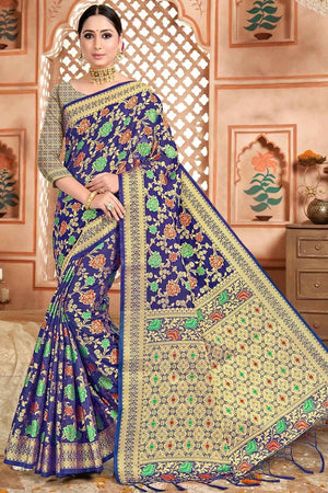 Buy Bengal Looms (India) Semi Katan Nakshi Buti Banarasi Saree in Blue and  Antique Silver at Amazon.in