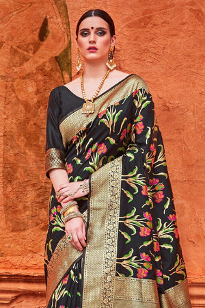 Black Katan Silk Brocade Handloom Banarasi Saree - Sacred Weaves