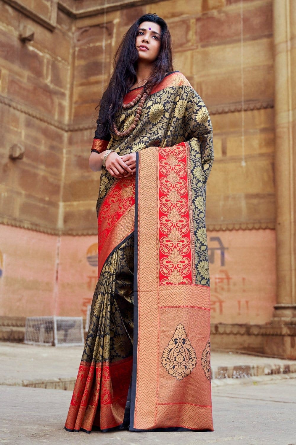 Black red woven Banarasi Kataan saree - Buy online on Karagiri - Free shipping to USA