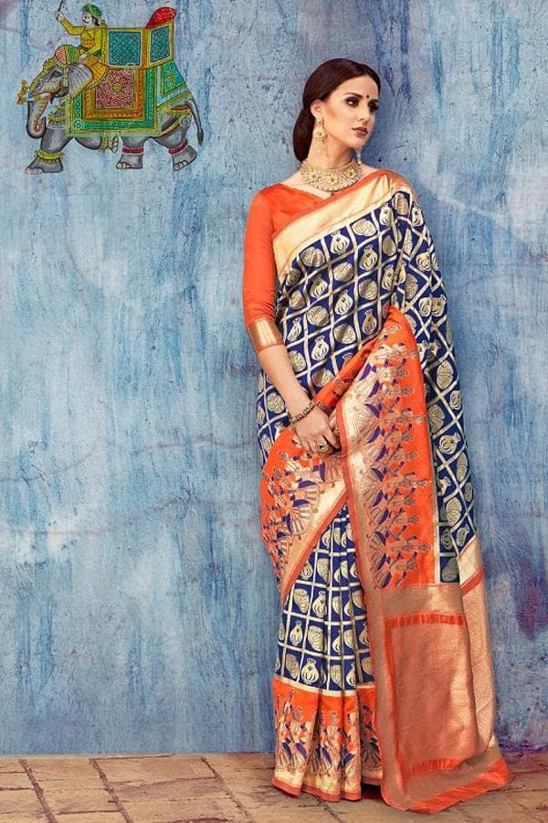 Banarasi Saree Blue & Orange Banarasi Brocade Silk Saree saree online