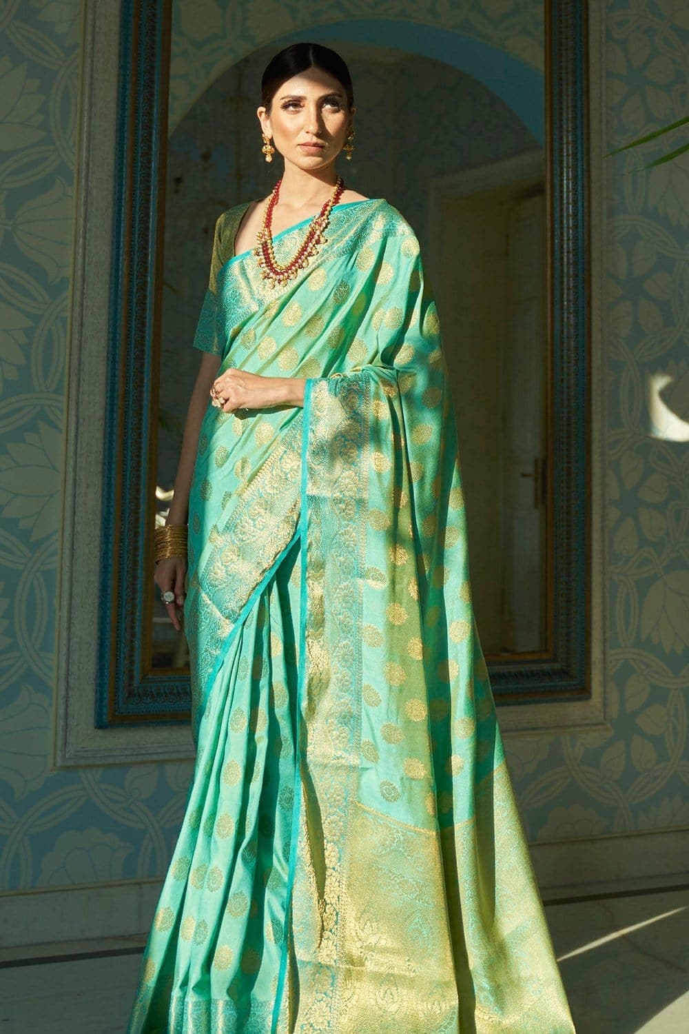 Banarasi Saree Bluish Green Zari Butta Woven Banarasi Saree saree online