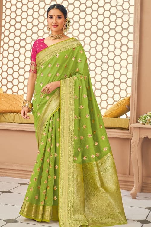 Light Fuchsia Pink & Green Color Pure Karan Banarasi Saree – IndyVogue |  Silk saree blouse designs, Indian silk sarees, Bridal silk saree