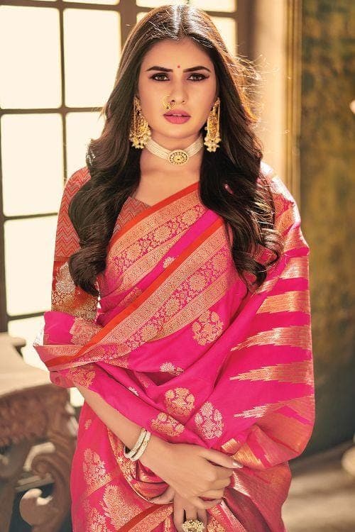 Beauty Bush Pink Zari Woven Designer Banarasi Saree – MySilkLove