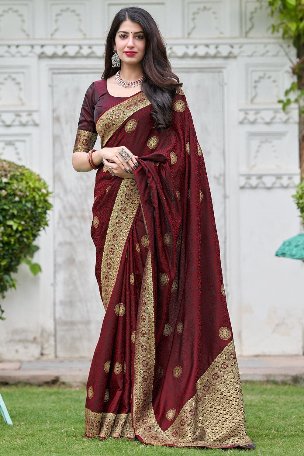 Buy Maroon Banarasi Silk Festival Designer Traditional Saree Online