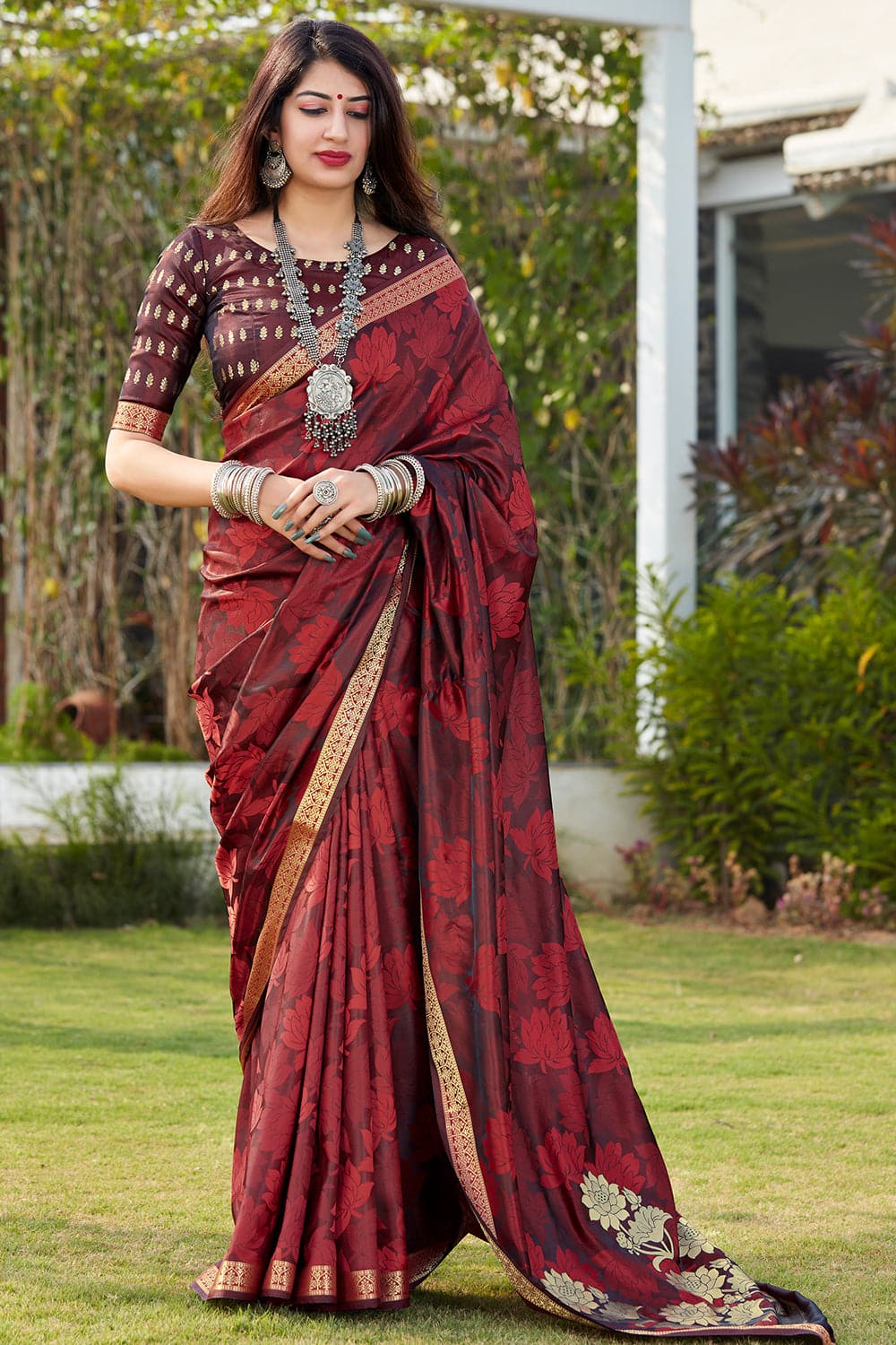 Georgette Saree in Maroon | Maroon saree, Party wear sarees, Saree designs