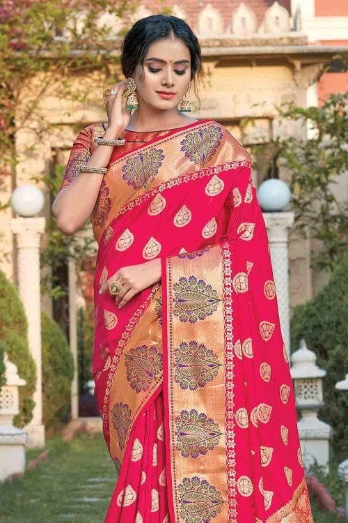 Cerise Pink Leaf Butta Banarasi Saree