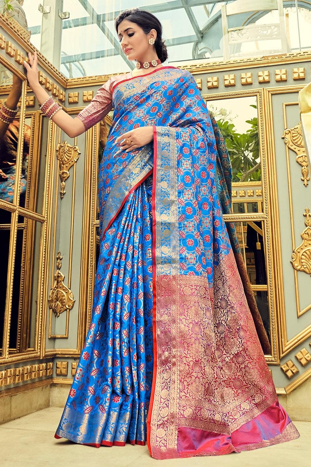 Sky Blue Banarasi Silk Saree - Urban Womania