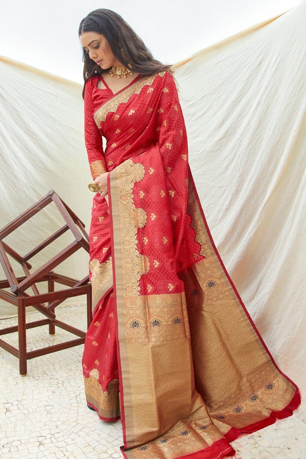 Banarasi Saree Cherry Red Zari Woven Banarasi Saree saree online