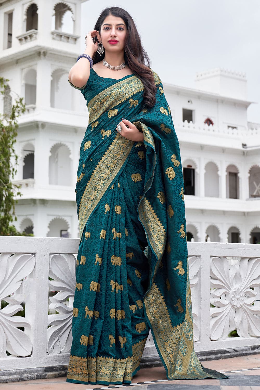 Cobalt Blue Floral Printed Satin Organza Saree – Ethnos