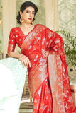 Coral Red Zari Woven Banarasi Saree