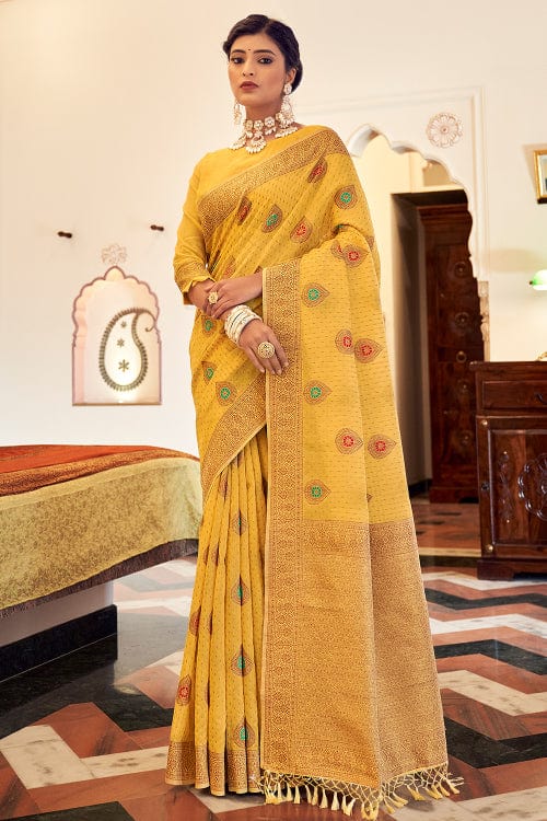 yellow banarasi saree