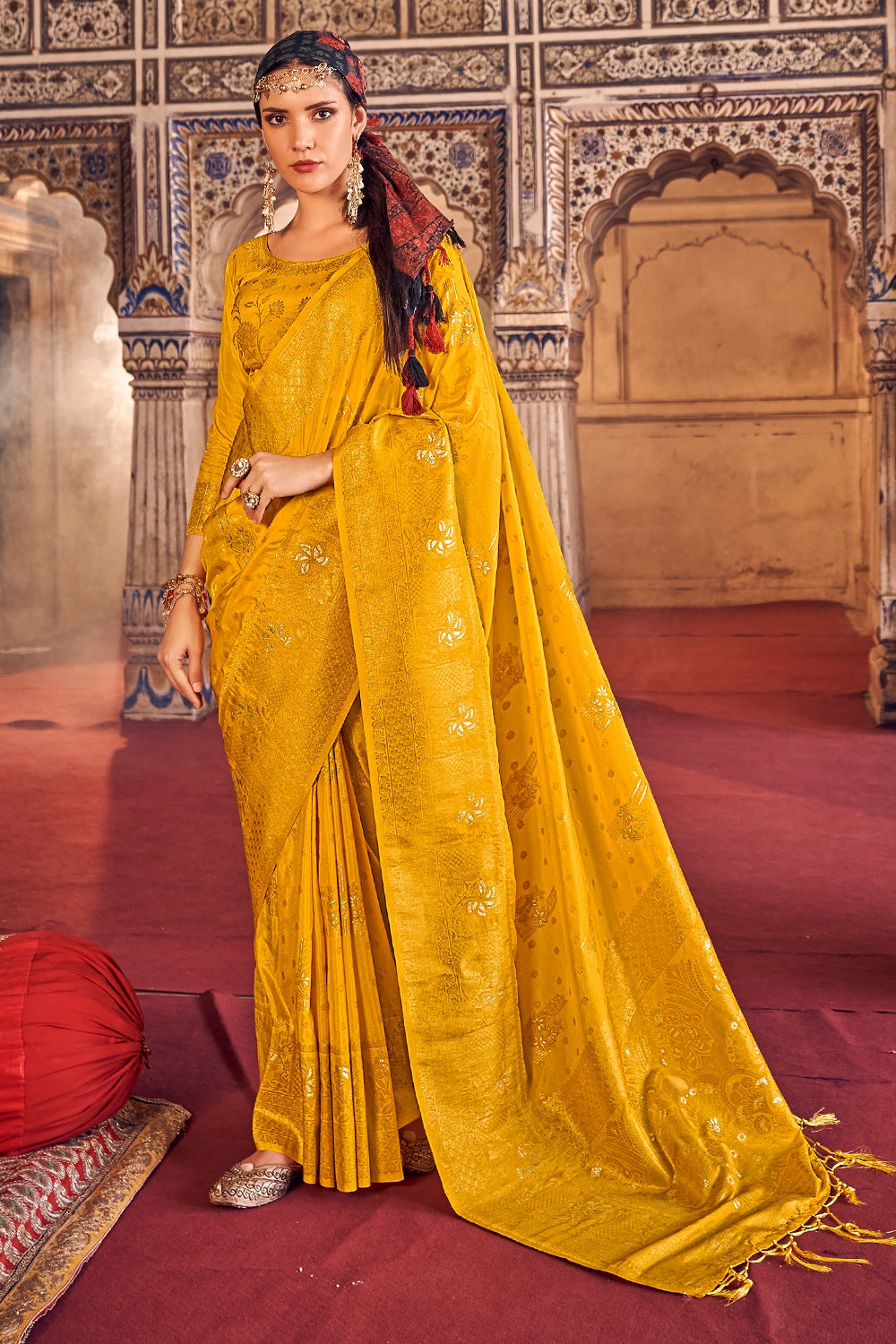 yellow banarasi saree