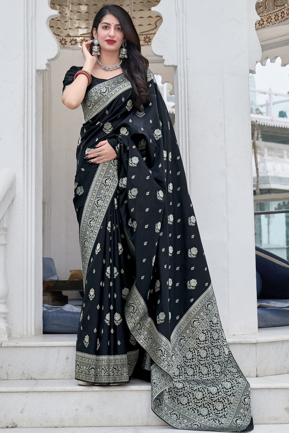 Black Banarasi Silk Saree in Pure Khaddi Chiffon | Silk sarees, Indian  party wear, Saree