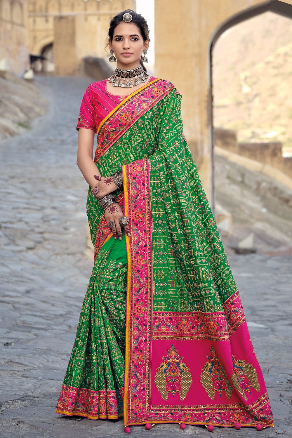 6.5 Meter Printed Dark Green Banarasi Semi Georgette Silk Saree, With Blouse  Piece at Rs 2150 in Varanasi