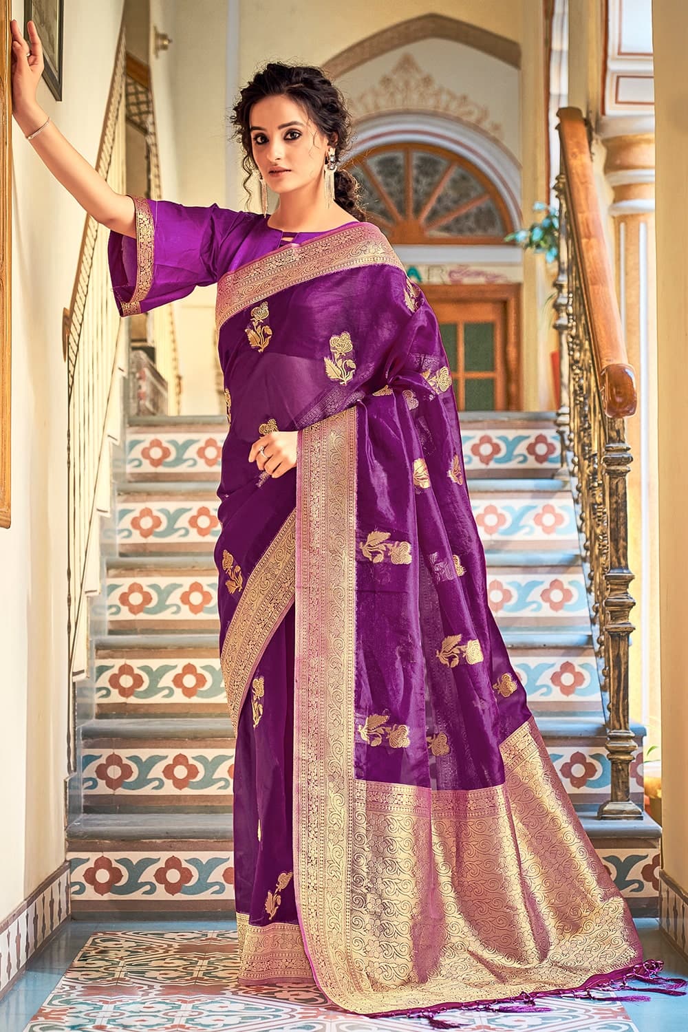 Pre - Stitched Georgette Saree in Light Pink and Dark Purple : SPFA12971