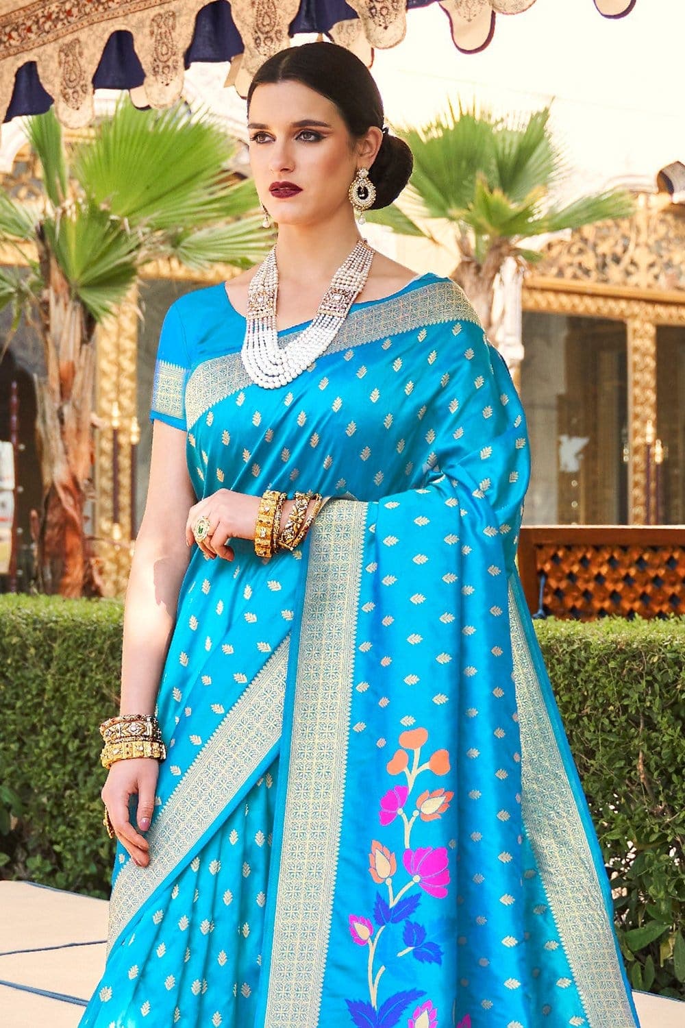 SKY BLUE AND PINK BANARASI SAREE WITH ALL OVER DESIGN – Toshaany.com