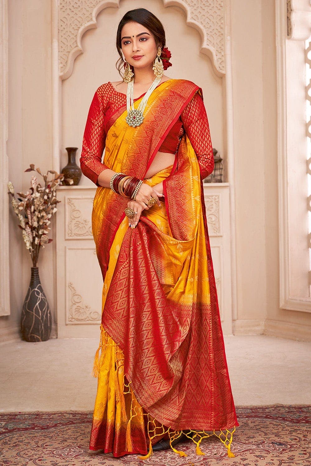Buy Traditional Banarasi Saree - Yellow Kachhi & Mirror Work Saree –  Empress Clothing