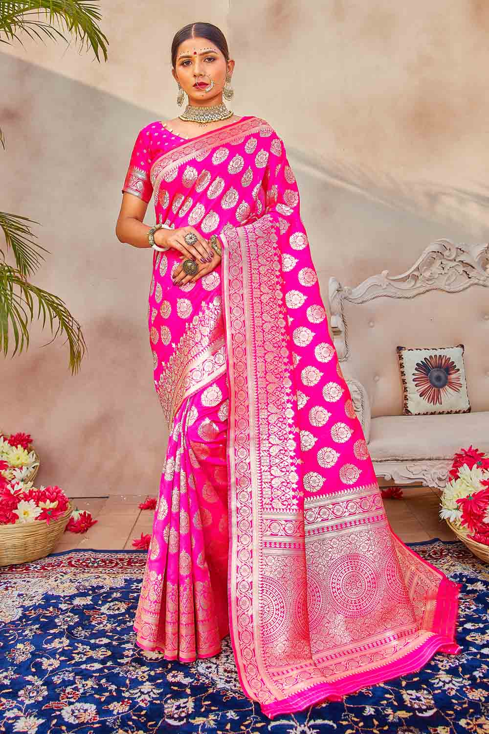 Pink handloom Chanderi Saree with silver Zari border & motifs