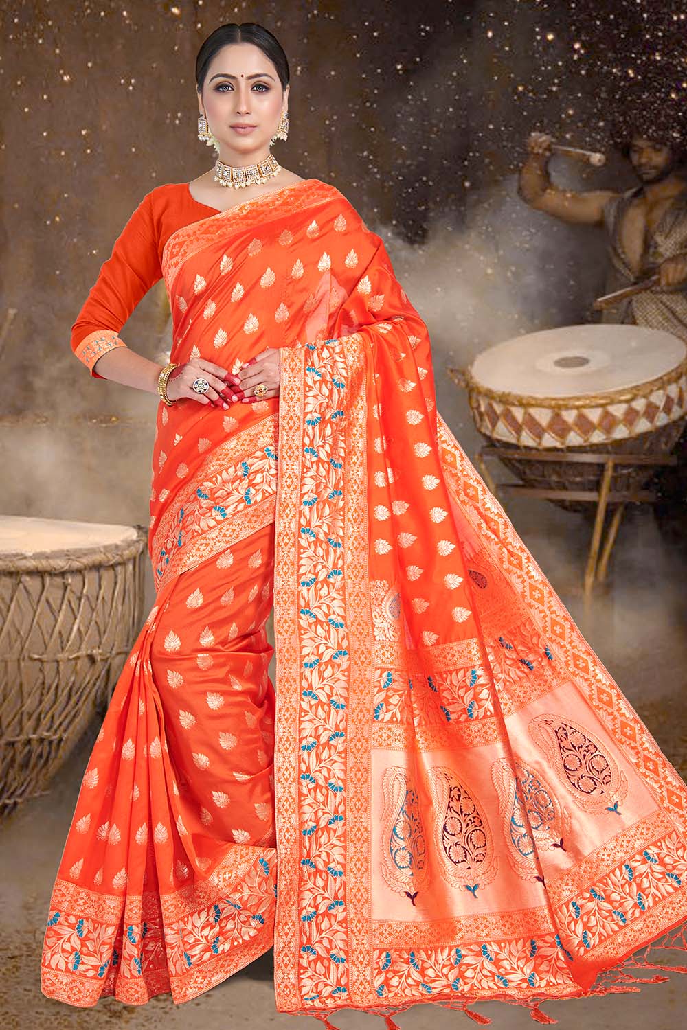 Banarasi Saree Fire Orange Banarasi Saree saree online