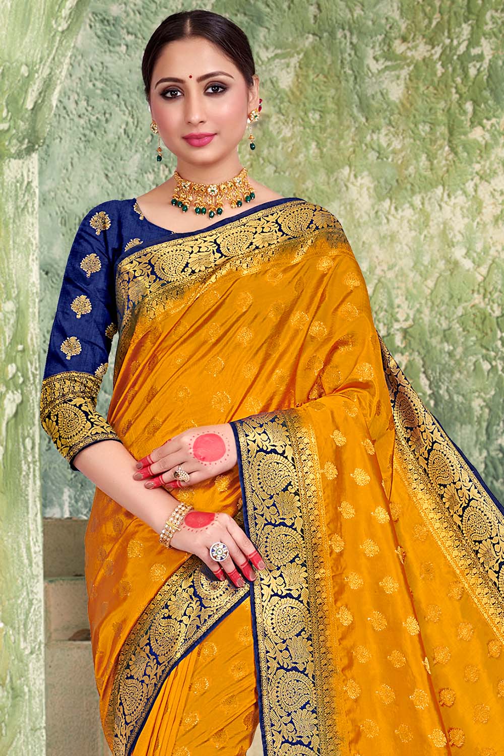 Fire Yellow zari Butta Banarasi Saree