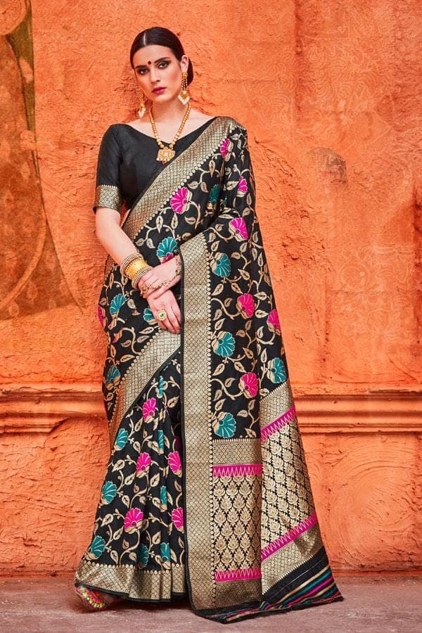 Banarasi Saree Floral Black Contemporary Banarasi Brocade Silk Saree saree online