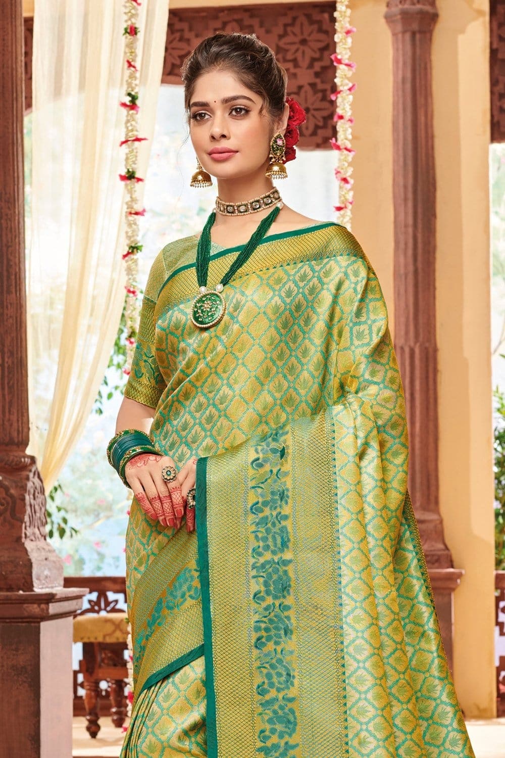 Golden Green Kanjivaram Silk Saree With Floral Jaal Weaving | Singhania's