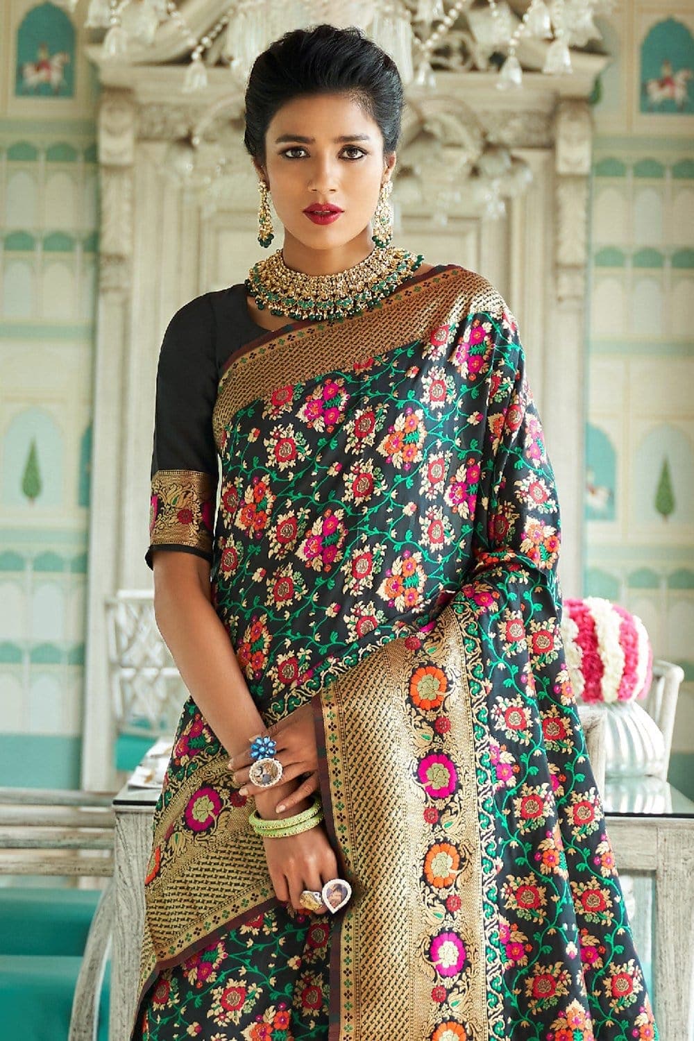 Banarasi Saree Gorgeous Black And Green Banarasi Saree saree online
