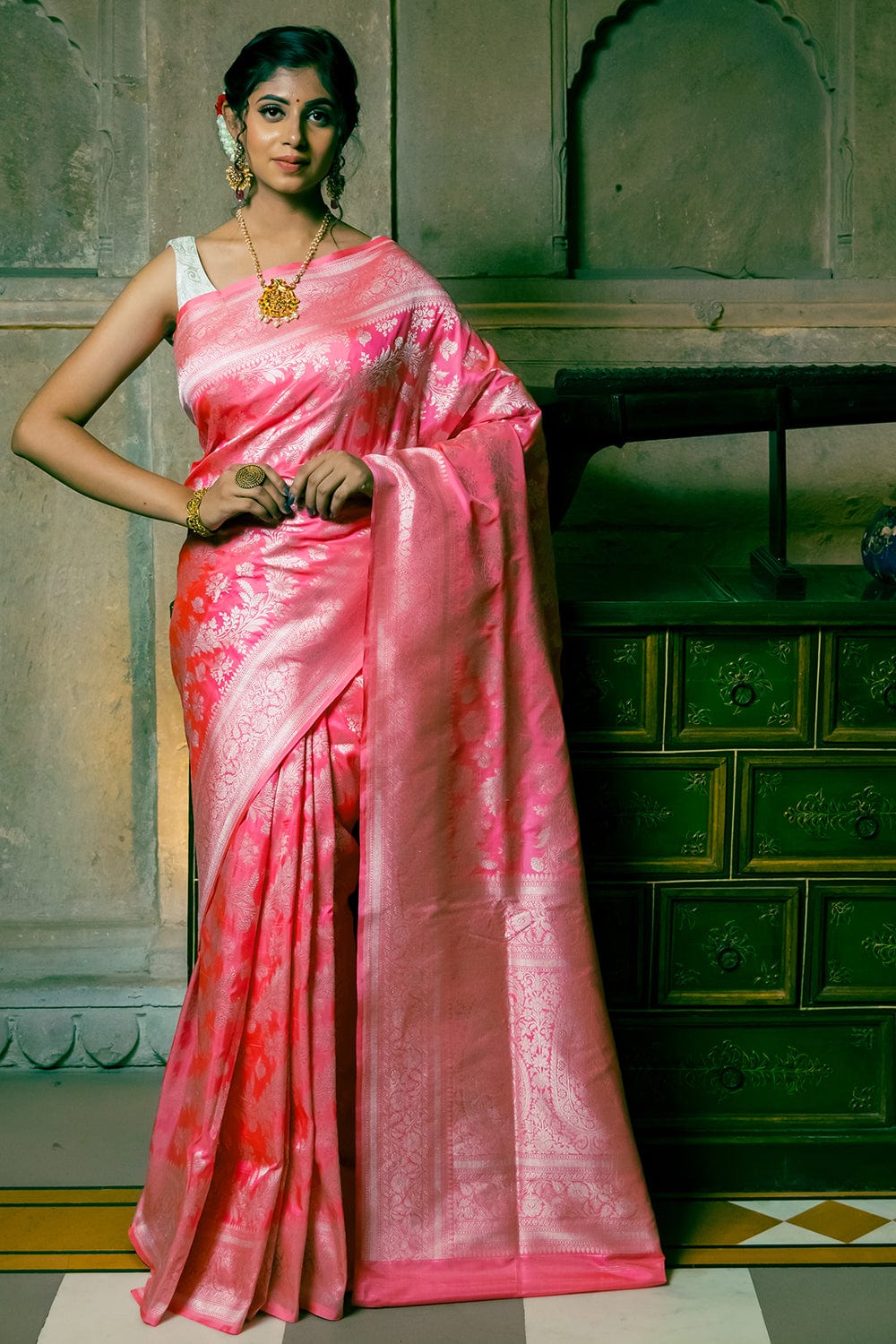 pink banarasi saree