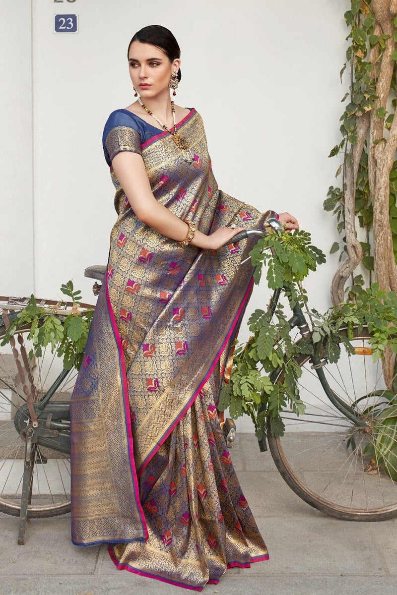 Buy Grey pink woven Banarasi brocade silk saree online - Best quality ...